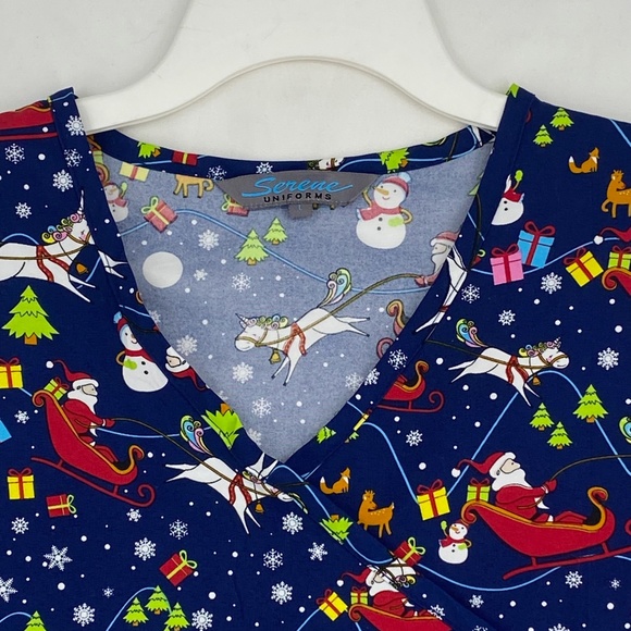 Serene Uniforms Womens Size Large Scrub Top Blue Christmas Santa Claus Unicorn - Picture 2 of 9